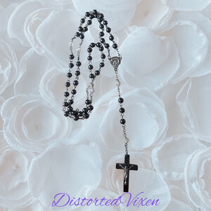 Black Hematite Rosary Necklace – Gothic Cross Pendant, Alternative Religious